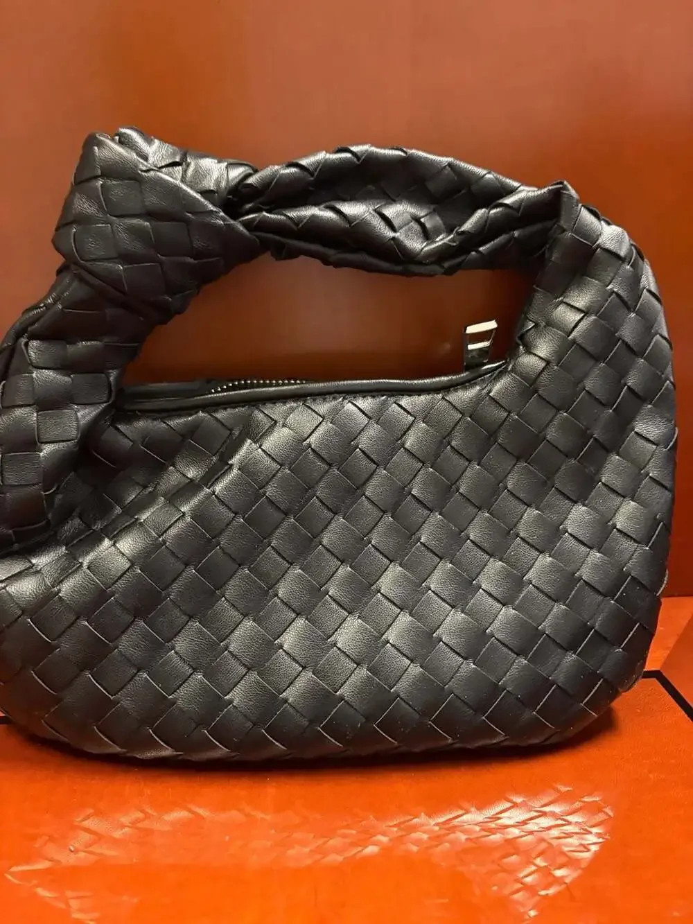 Black Woven Faux Leather Knotted Handle Mini Hobo Bag